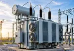 industrial substation transformer at sunset