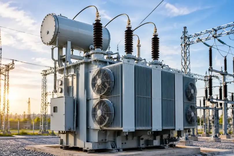 industrial substation transformer at sunset