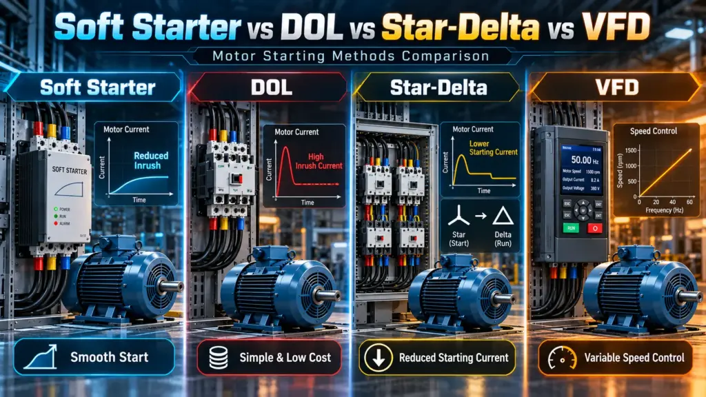 soft starter vs dol vs star-delta vs vfd