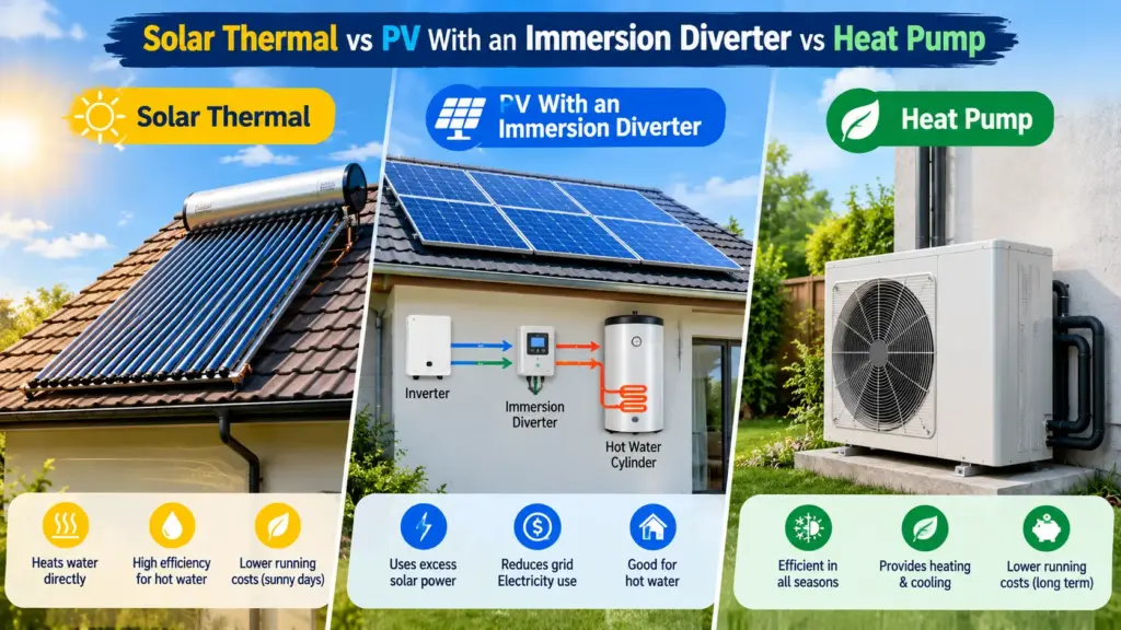 solar thermal vs pv with an immersion diverter vs heat pump